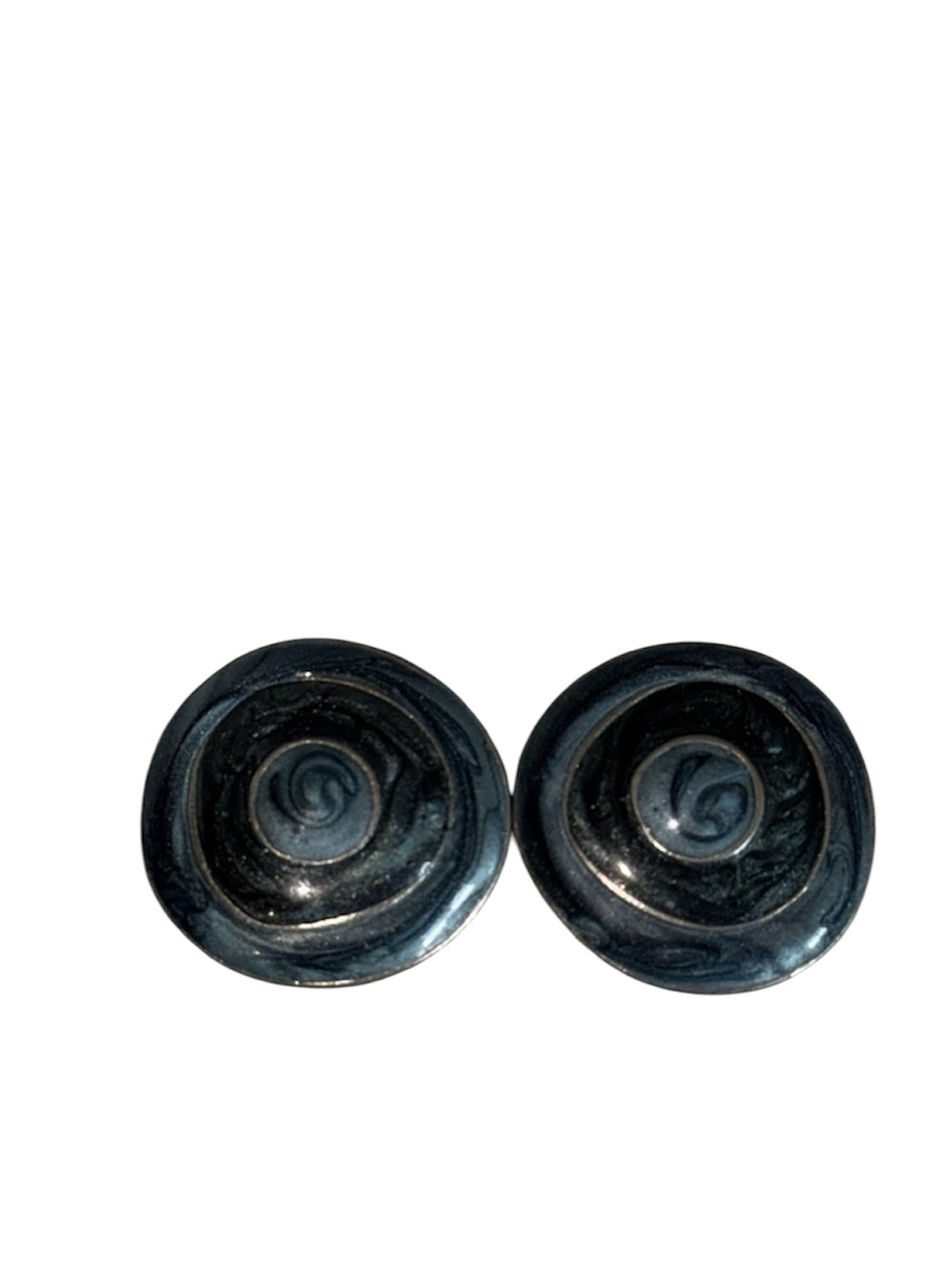 Blue Enamel Earrings Pierced Earrings Round Silver Tone Circular Swirls